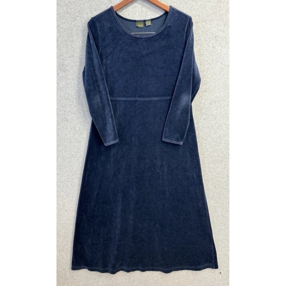 VTG L.L. Bean Women’s Blue Velour A-Line Maxi Dress M Soft Cozy Y2K‎ Minimalist
